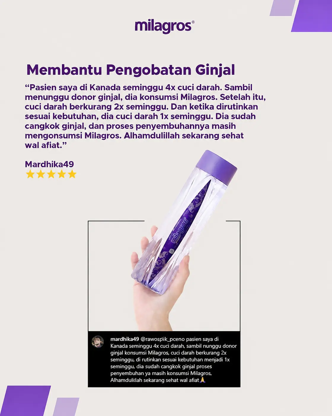 Testimoni pengalaman pengguna Air Milagros terkait kondisi ginjal